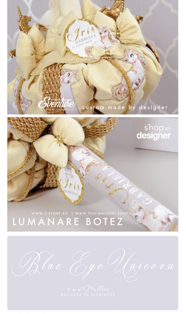 Lumanare de botez cu unicorni gold, 65x4 cm, Unicornul cu ochi albastri 3